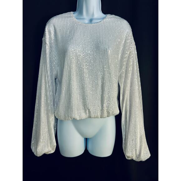 Show Me Your Mumu Good Time White Sequin Top Medium NWT Long Sleeve Party Blouse - Picture 8 of 8